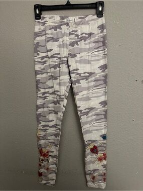 Johnny Was White & Light Gray Camo Leggings with Floral Embroidery